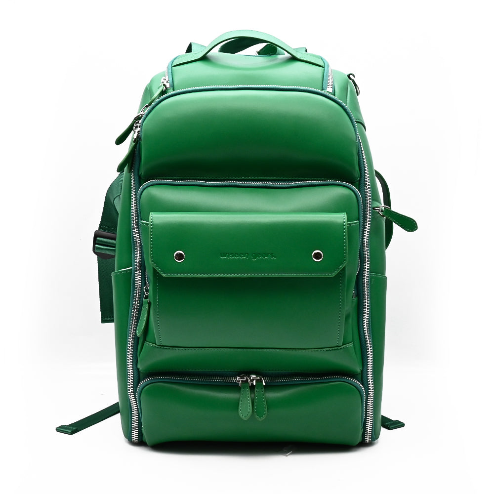 Unseen Gears green leather backpack front