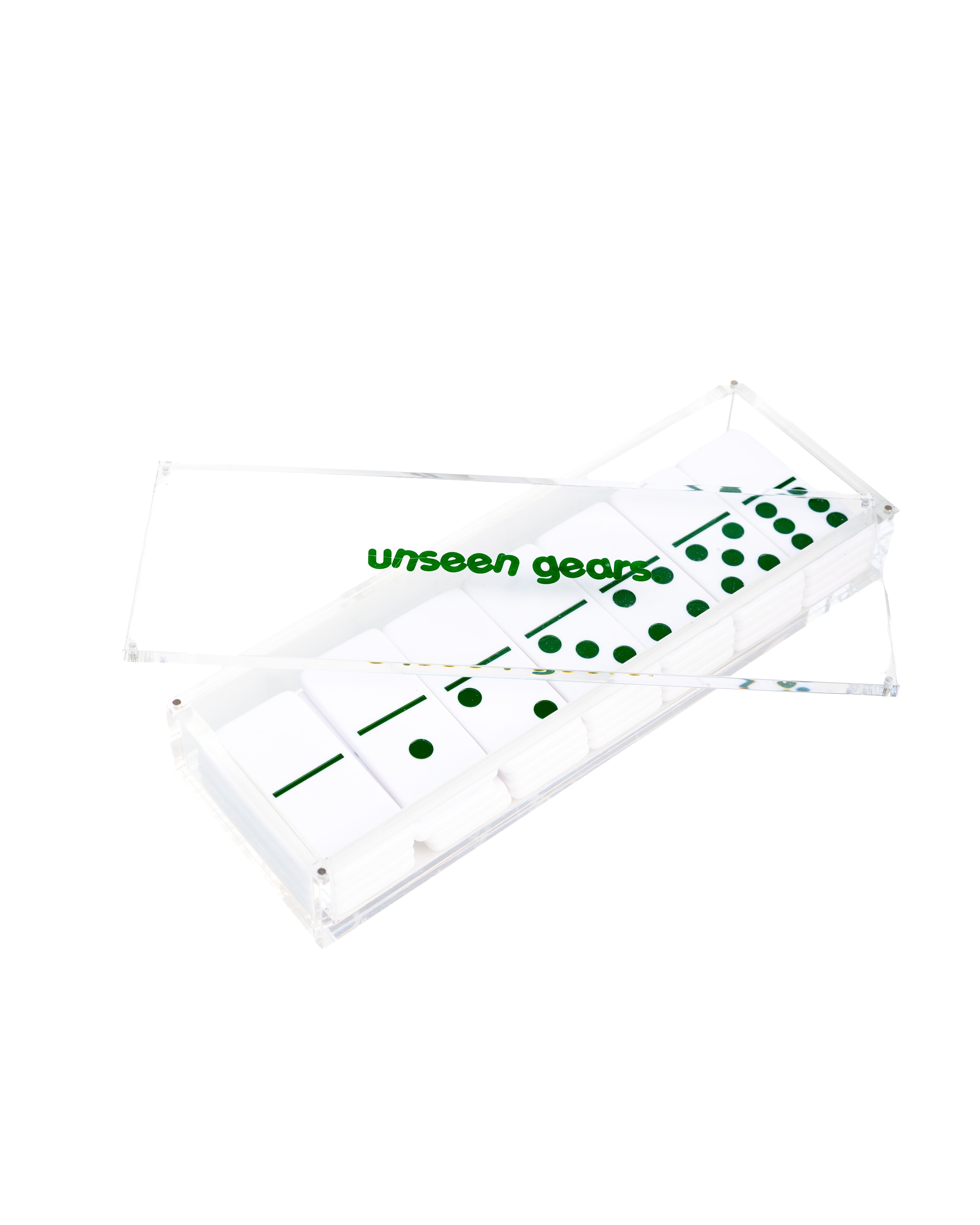 Unseen Gears Domino Set — tiles in branded case