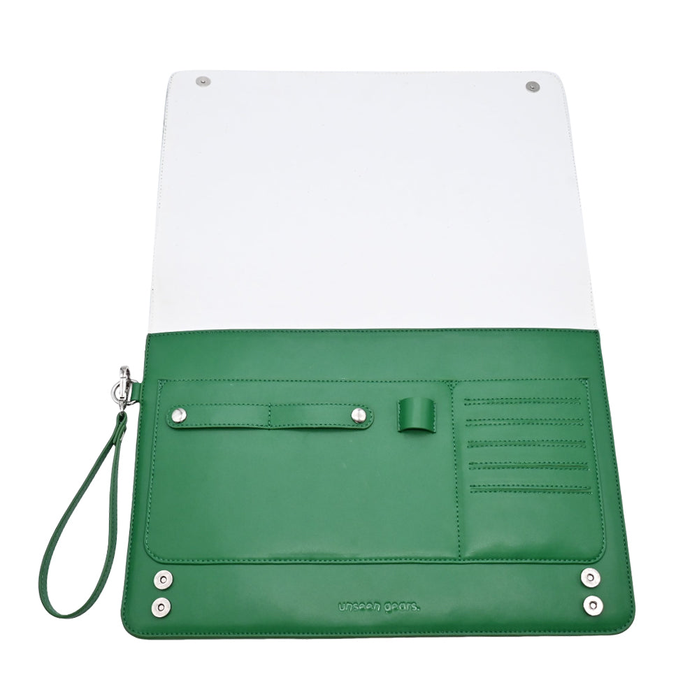 Unseen Gears green leather wristlet laptop case