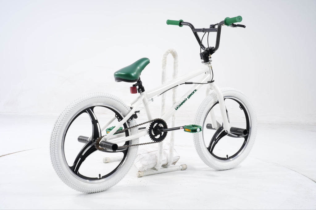 BMX Bike — white with green accents, side profile