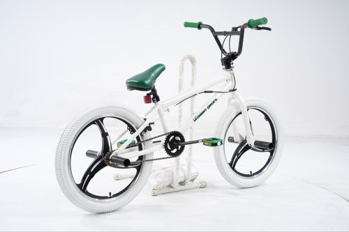 BMX Bike — white with green accents, side profile